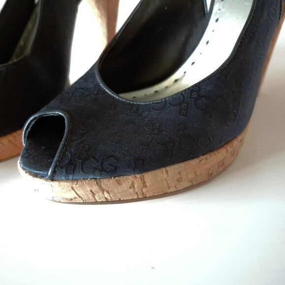 NWOT BCBGirls black logo textile & cork heeled platform sandal, US 10 - Picture 11 of 13